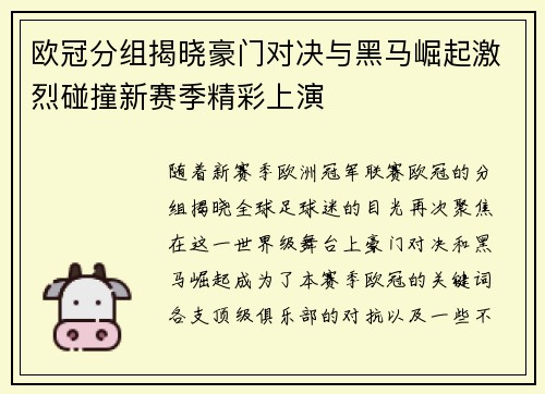 欧冠分组揭晓豪门对决与黑马崛起激烈碰撞新赛季精彩上演